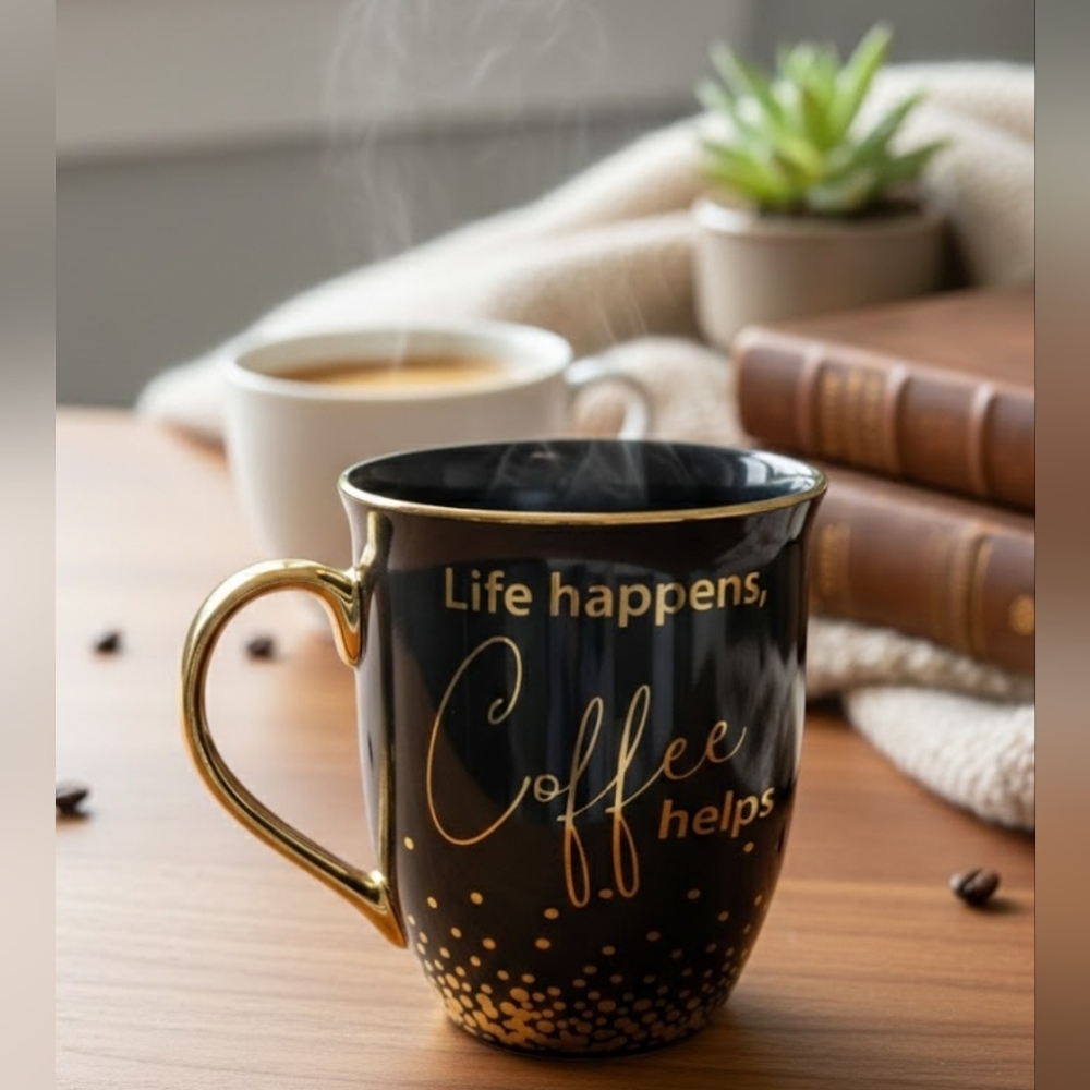 Elegant Bilberry Lane Navy Blue and Gold Coffee Mug. Life Happens, Coffee Helps.